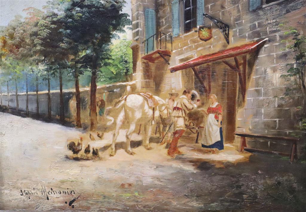 After Meissonier, oil on canvas, Figures outside an inn, 23 x 32cm